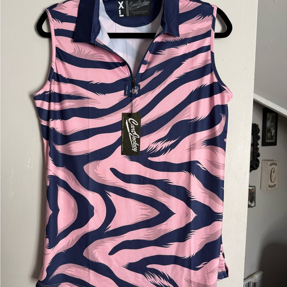 Women's Pink & Navy Sleeveless Zip Polo Tank